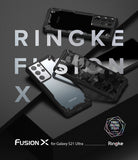 Galaxy S21 Ultra Case | Fusion-X - Three black protective phone cases arranged on a dark, layered geometric background.