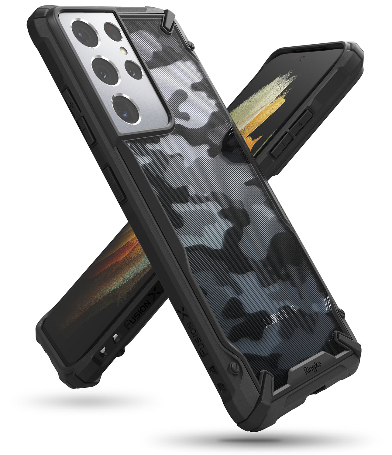 Galaxy S21 Ultra Case | Fusion-X - Black camouflage phone case with rugged bumper edges shown from front and back angles.