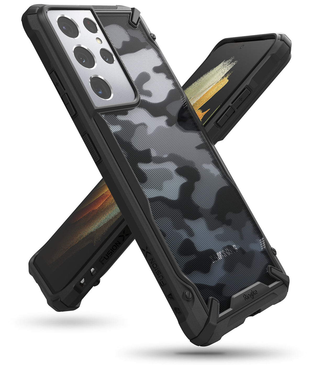 Galaxy S21 Ultra Case | Fusion-X - Black camouflage phone case with rugged bumper edges shown from front and back angles.