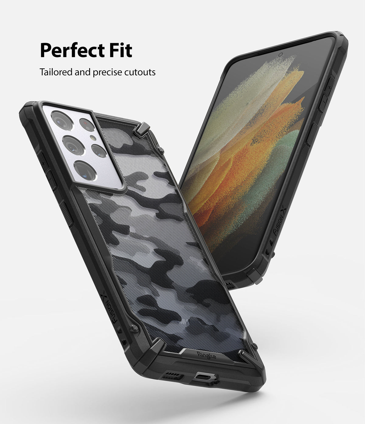 Galaxy S21 Ultra Case | Fusion-X - Camouflage phone case with precise cutouts shown from front and back angles.