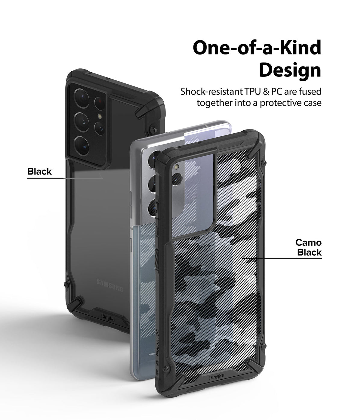 Galaxy S21 Ultra Case | Fusion-X - Two Galaxy S21 Ultra phones in black and camo black Fusion-X protective cases.