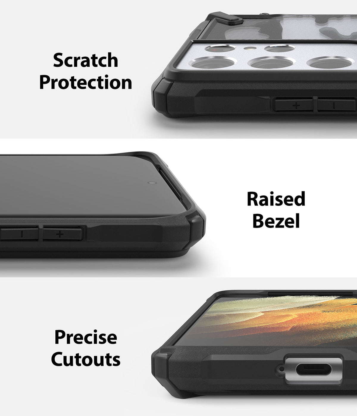 Galaxy S21 Ultra Case | Fusion-X - Three close-up views showing scratch protection, raised bezels, and precise port cutouts.