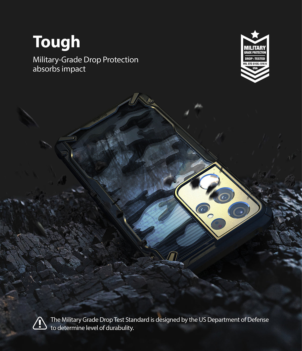 Galaxy S21 Ultra Case | Fusion-X - Camouflage phone case on rocky ground with military-grade drop protection text.