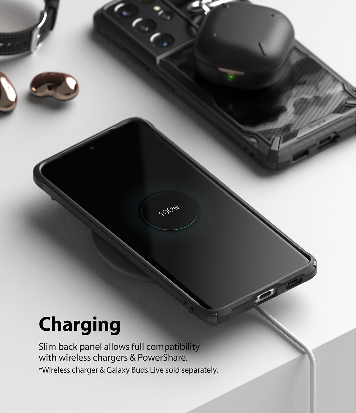Galaxy S21 Ultra Case | Fusion-X - Phone in protective case wirelessly charging with earbuds on a second device.