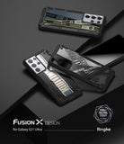 Galaxy S21 Ultra Case | Fusion-X Design - Three Galaxy S21 Ultra phones in patterned Fusion-X cases on a dark surface.