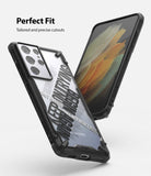 Galaxy S21 Ultra Case | Fusion-X Design - Two views of a Galaxy S21 Ultra in a clear, black-framed case with text.