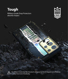 Galaxy S21 Ultra Case | Fusion-X Design - Rugged phone case on dark, rocky ground with military-grade drop protection branding.