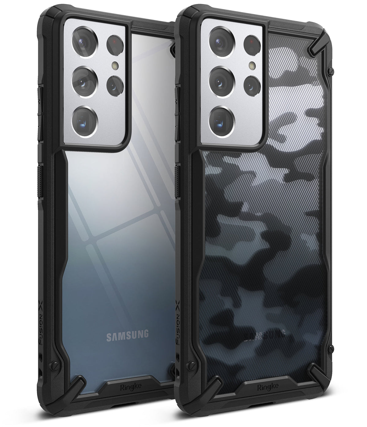 Galaxy S21 Ultra Case | Fusion-X - Two Samsung Galaxy S21 Ultra phones in clear and camo Fusion-X protective cases.