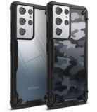 Galaxy S21 Ultra Case | Fusion-X - Two Samsung Galaxy S21 Ultra phones in clear and camo Fusion-X protective cases.
