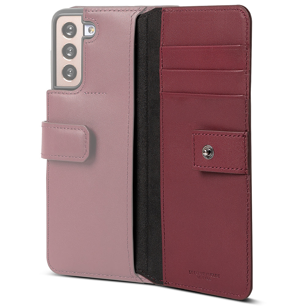 Galaxy S21 Case | Folio Signature+ - Open mauve and burgundy leather wallet case with card slots and a magnetic snap.