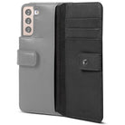 Galaxy S21 Case | Folio Signature+ - Grey leather folio case for Galaxy S21 with black interior card slots and snap closure.
