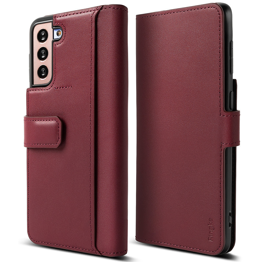 Galaxy S21 Case | Folio Signature+ - Burgundy leather folio case for Galaxy S21 shown from front and back views.