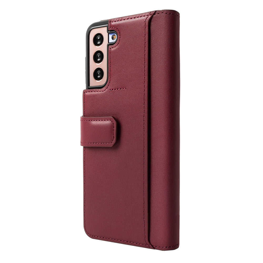 Galaxy S21 Case | Folio Signature+ - Burgundy leather folio case for Galaxy S21 with a magnetic strap and camera cutout.