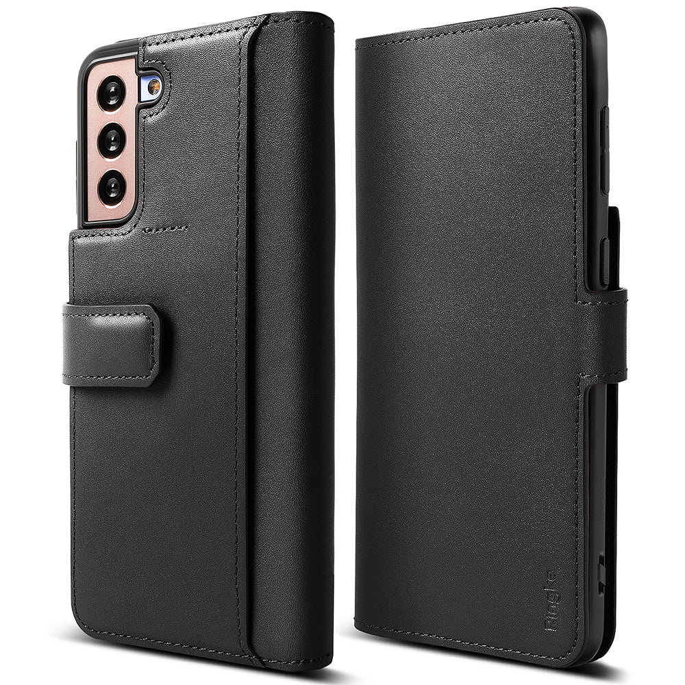 Galaxy S21 Case | Folio Signature+ - Black leather folio case for Galaxy S21 showing back camera cutout and front cover.
