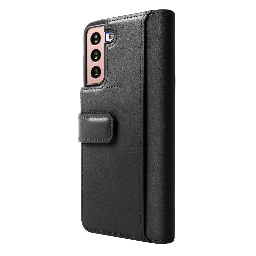 Galaxy S21 Case | Folio Signature+ - Black leather folio phone case with a magnetic strap and cutout for the camera module.