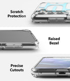 Galaxy S21 Case | Fusion Design - Three close-up views of a clear phone case highlighting scratch protection, raised bezels, and precise cutouts.