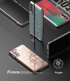 Galaxy S21 Case | Fusion Design - Clear phone cases with colorful graphic patterns displayed on a dark reflective surface.