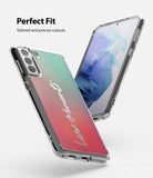 Galaxy S21 Case | Fusion Design - Clear phone case with a green-to-red gradient back and script text, shown from front and back.