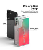 Galaxy S21 Case | Fusion Design - Two Galaxy S21 phones in clear and gradient-printed protective cases with descriptive labels.