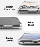Galaxy S21 Case | Fusion Design - Three close-up views of a clear phone case highlighting scratch protection, raised bezels, and precise port cutouts.