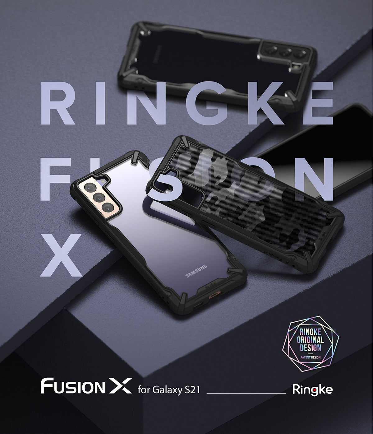 Galaxy S21 Case | Fusion-X - Three Galaxy S21 phones in black Fusion-X cases arranged on a dark, layered geometric surface.