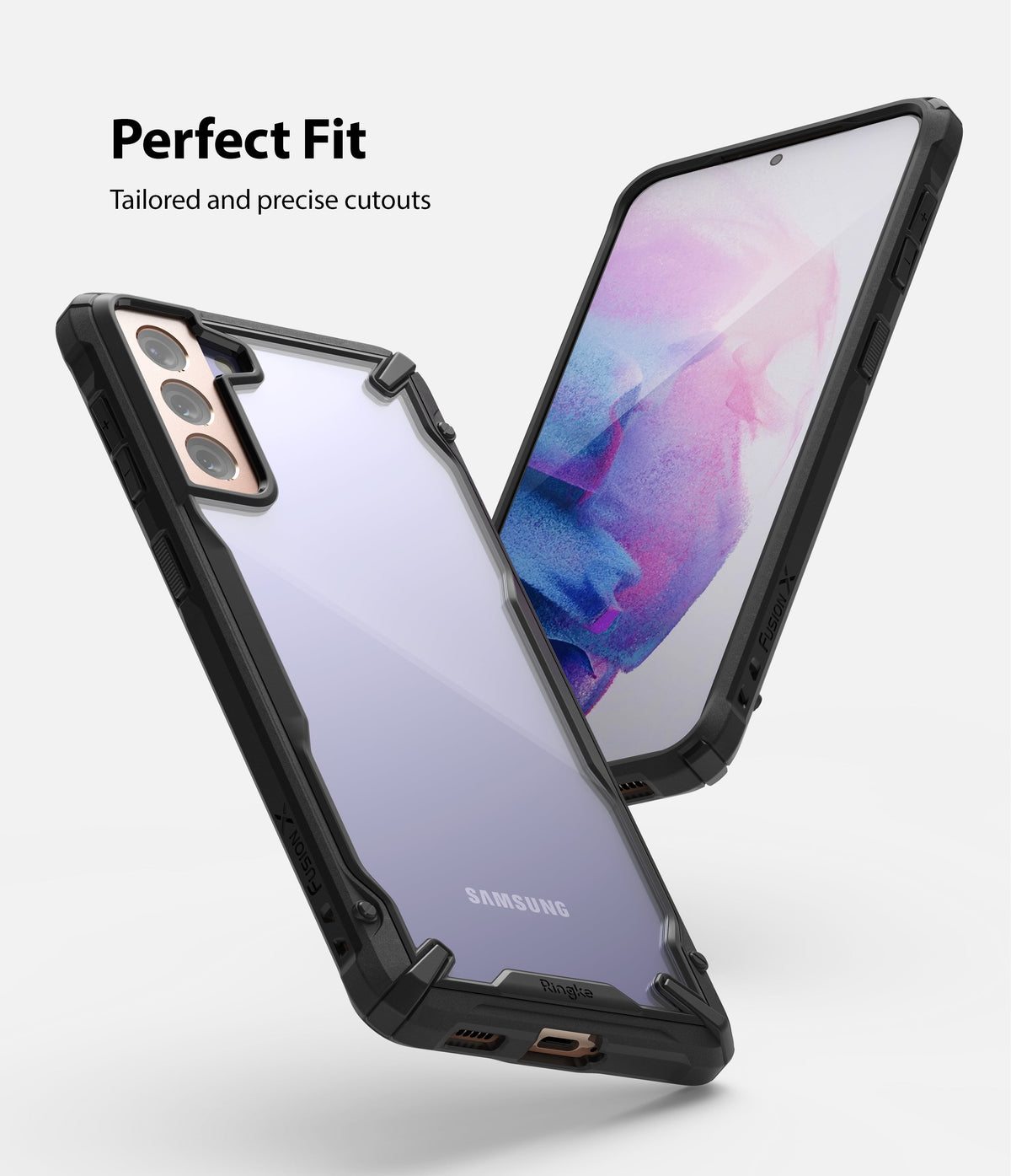 Galaxy S21 Case | Fusion-X - Two views of a Samsung Galaxy S21 in a black Fusion-X protective case with precise cutouts.