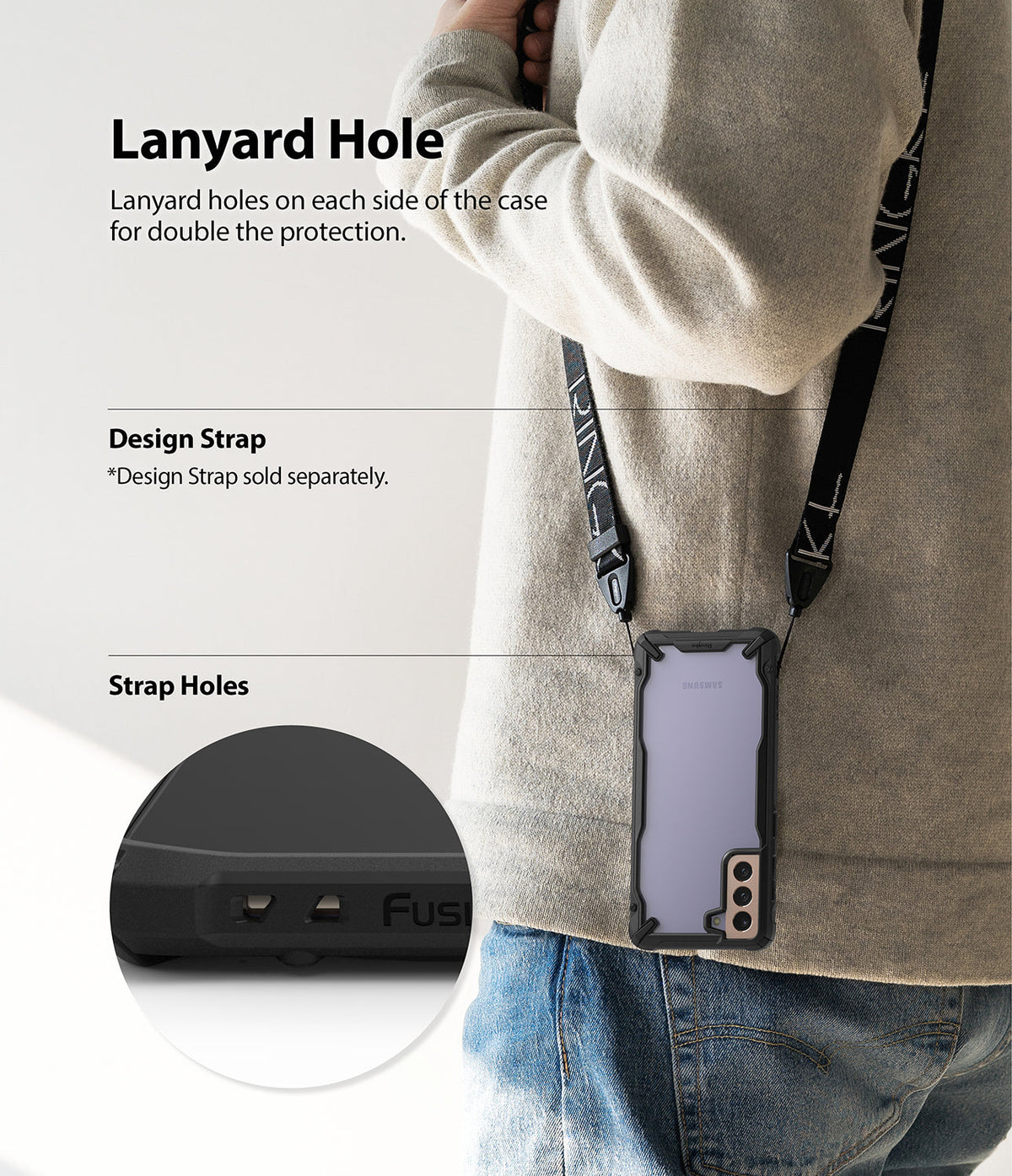 Galaxy S21 Case | Fusion-X - Person wearing a phone case with a lanyard strap, highlighting dual strap holes for attachment.