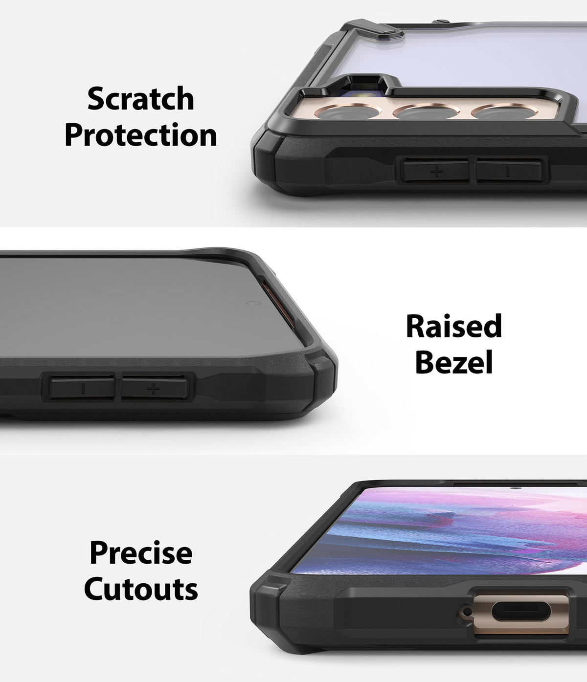 Galaxy S21 Case | Fusion-X - Close-ups showing scratch protection, raised screen bezels, and precise port cutouts.