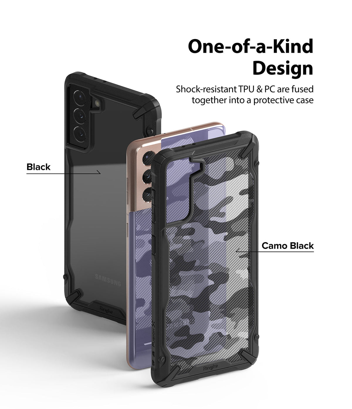 Galaxy S21 Case | Fusion-X - Two Galaxy S21 phones in Black and Camo Black Fusion-X cases shown against a white background.