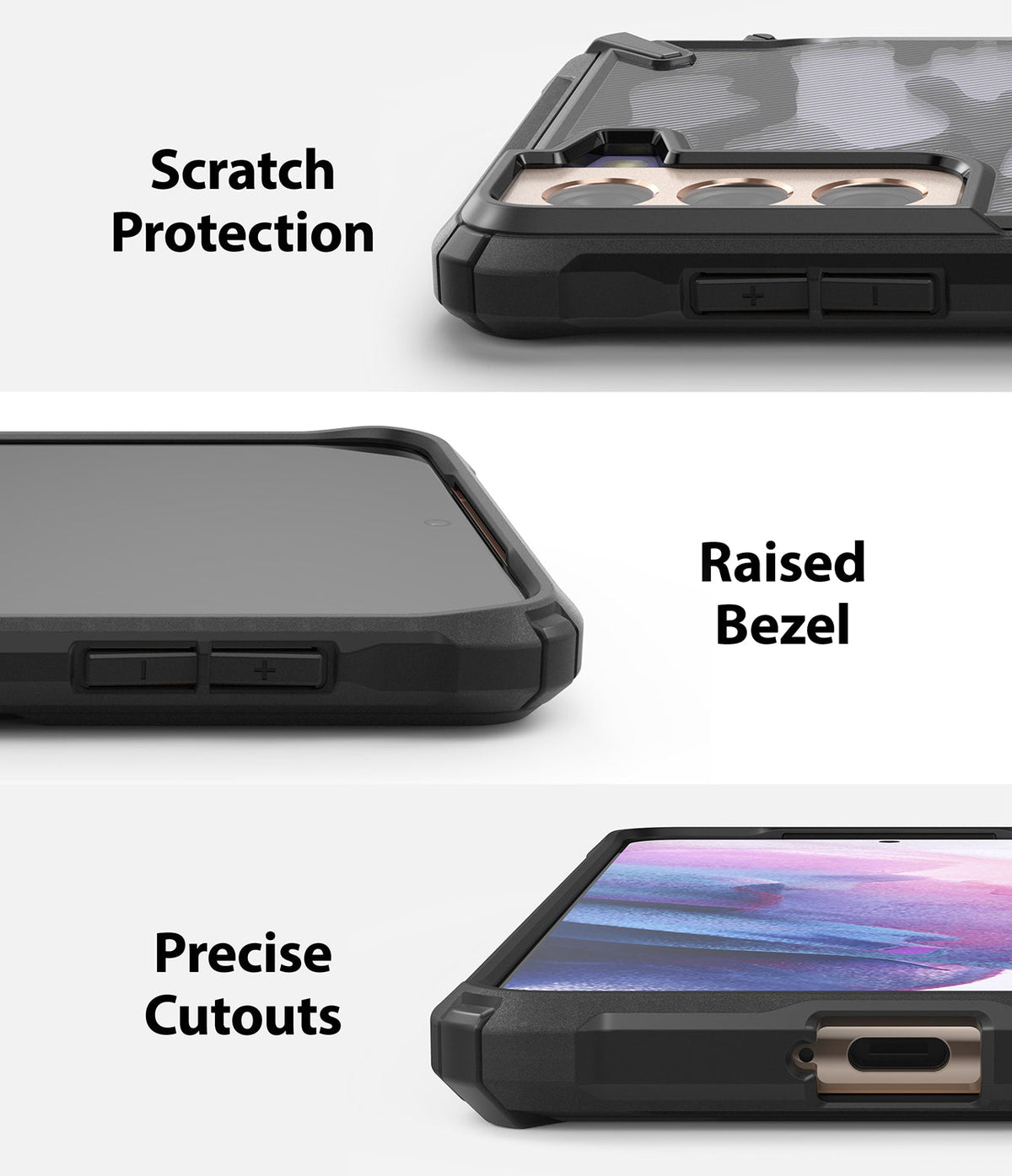Galaxy S21 Case | Fusion-X - Close-ups showing camera scratch protection, raised screen bezels, and precise port cutouts.