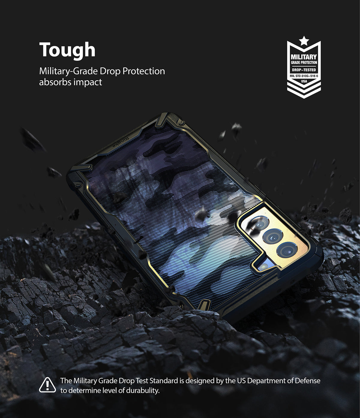 Galaxy S21 Case | Fusion-X - Camouflage phone case on dark, rocky ground with military-grade drop protection badge.