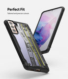 Galaxy S21 Case | Fusion-X Design - Black protective phone case with cassette tape graphic on back and precise cutouts.