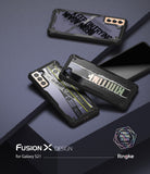 Galaxy S21 Case | Fusion-X Design - Three Galaxy S21 phones with patterned protective cases arranged on a dark surface.