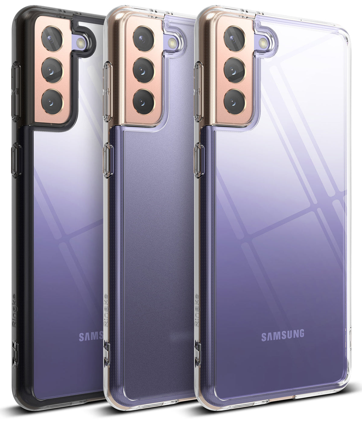 Galaxy S21 Plus Case | Fusion - Three clear phone cases with different colored frames showcasing a purple Samsung phone.