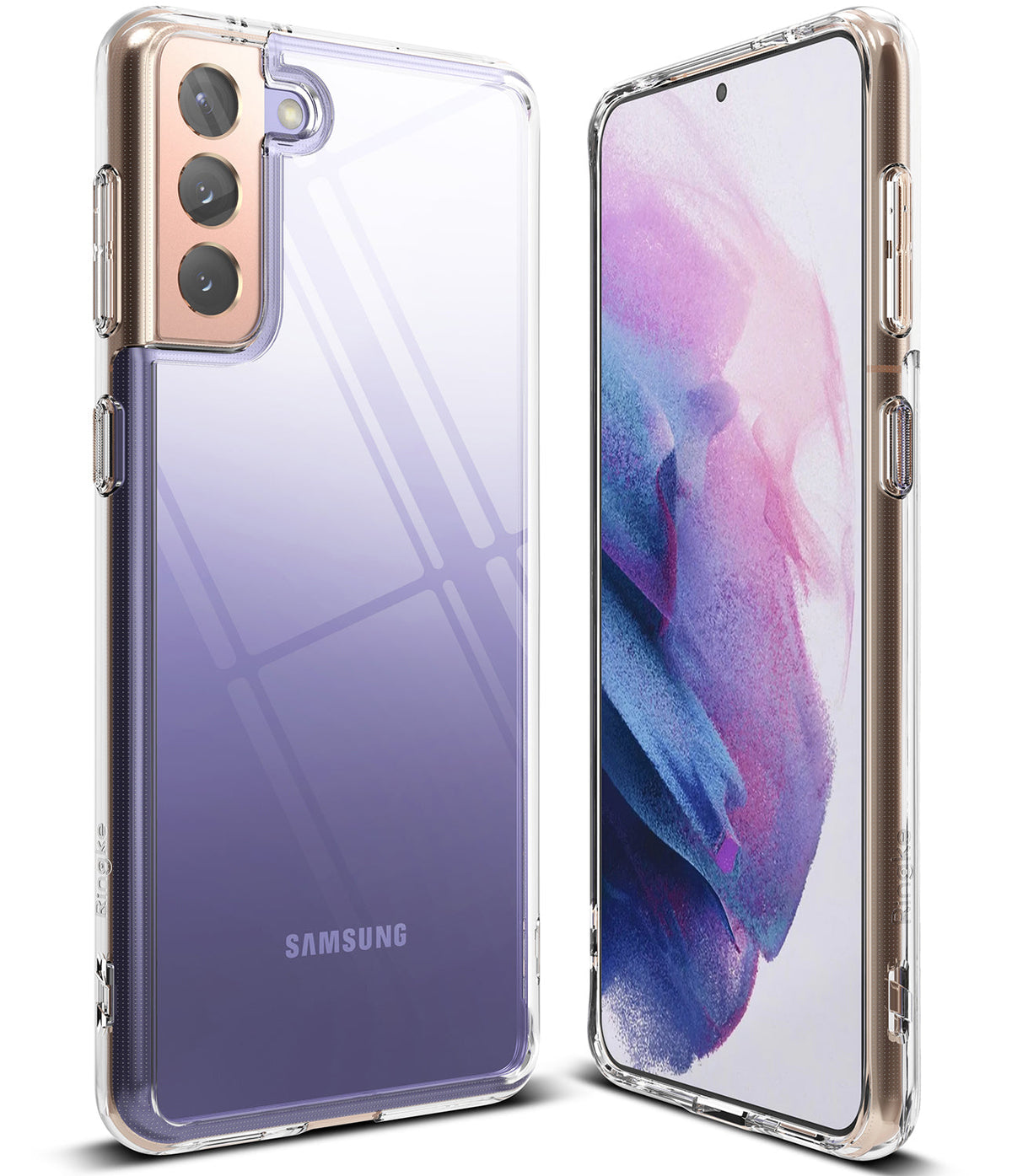 Galaxy S21 Plus Case | Fusion - Clear protective case on a purple Samsung Galaxy S21 Plus showing front and back views.