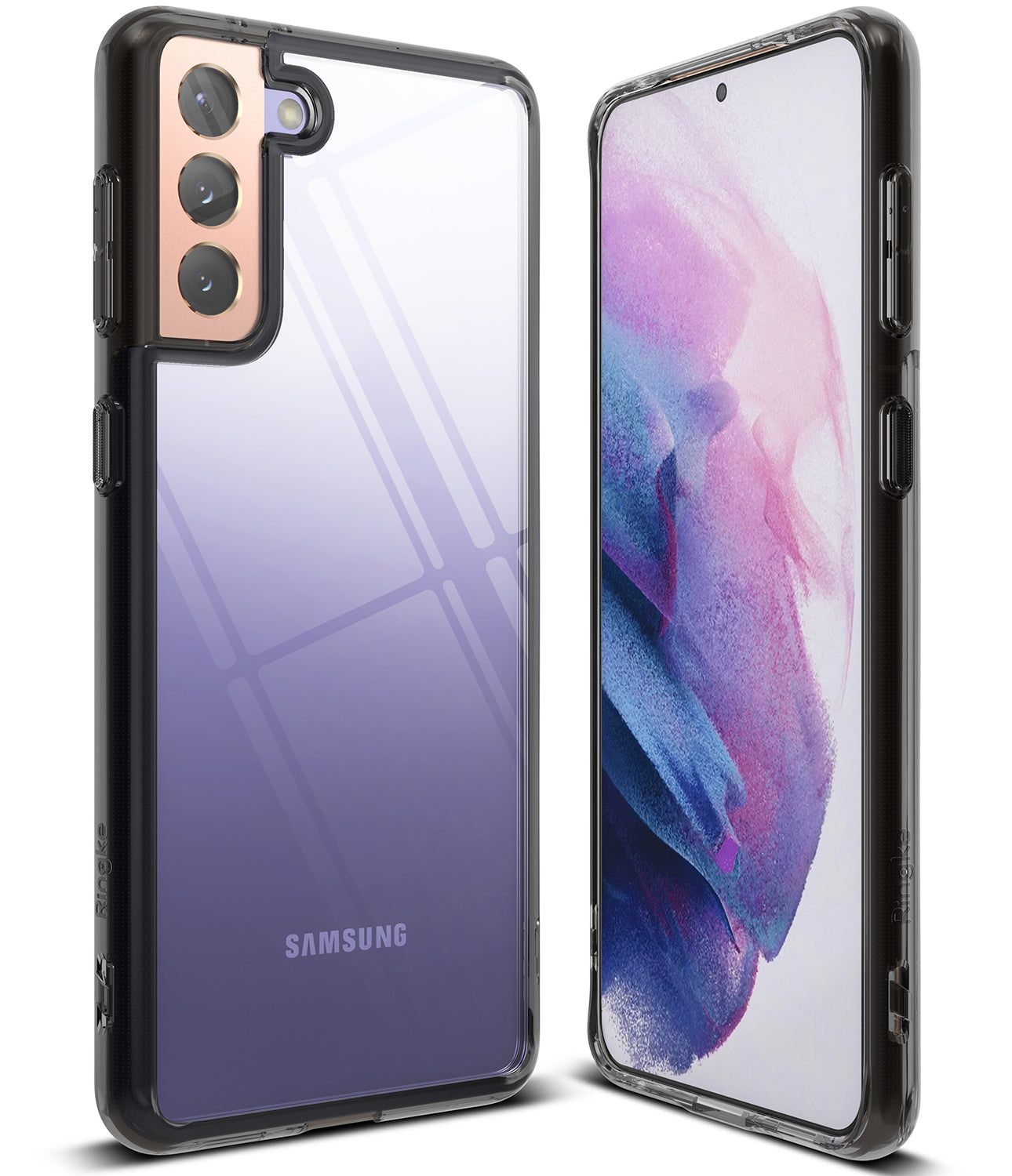 Galaxy S21 Plus Case | Fusion - Front and back views of a clear phone case with black edges on a purple Samsung phone.