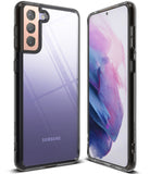 Galaxy S21 Plus Case | Fusion - Front and back views of a clear phone case with black edges on a purple Samsung phone.