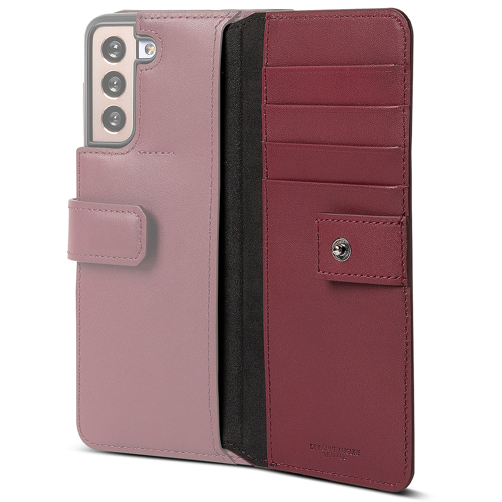 Galaxy S21 Plus Case | Folio Signature+ - Dusty rose and burgundy leather folio case with card slots and snap closure.