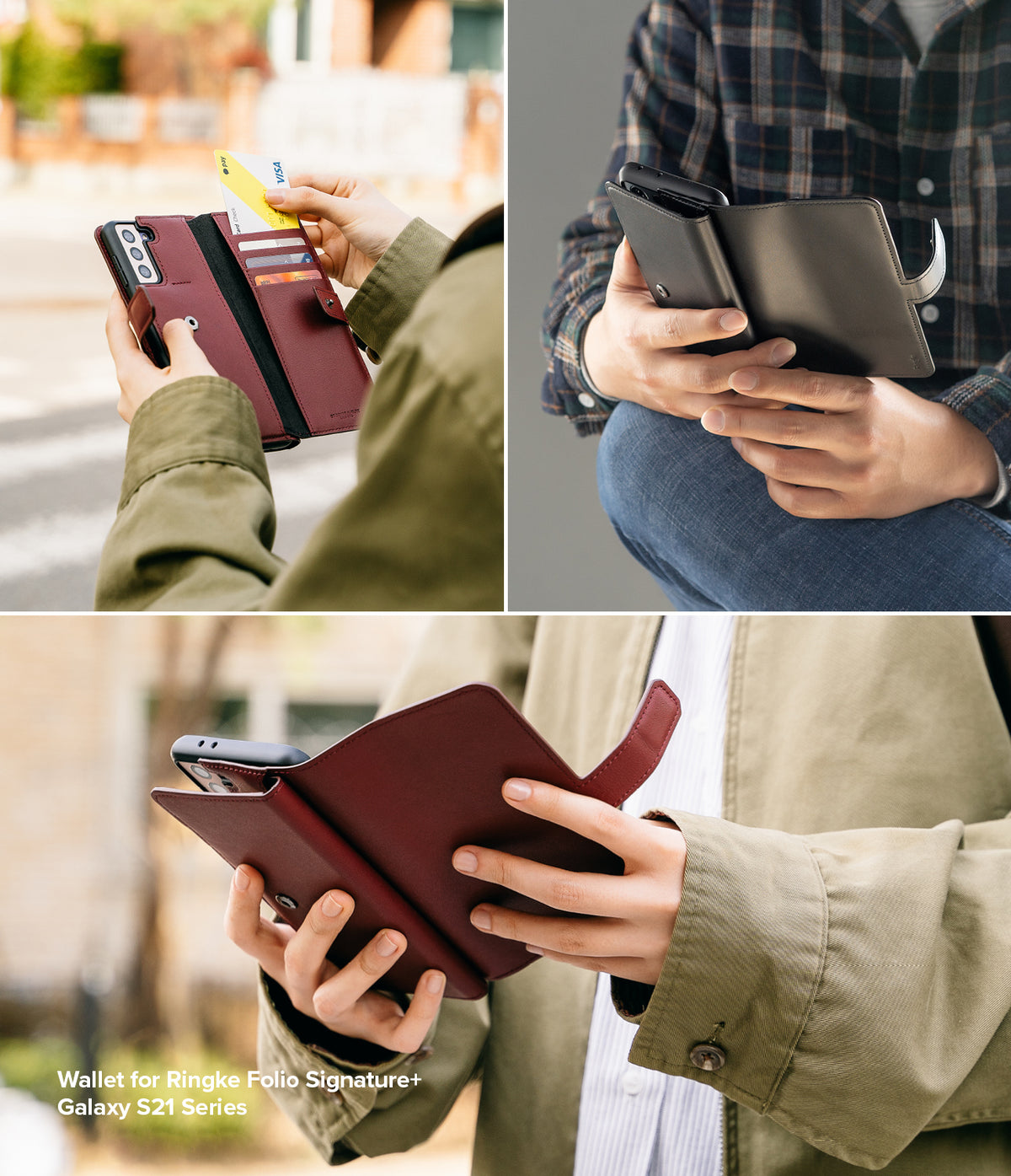 Galaxy S21 Case | Folio Signature+ - Hands holding a maroon and black leather wallet phone case with card slots.