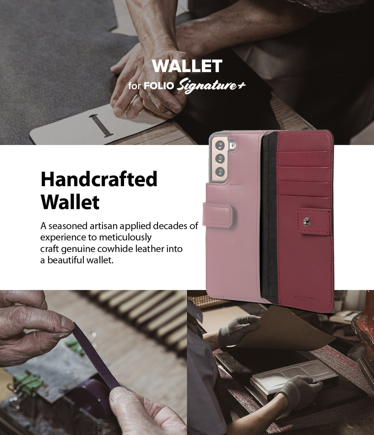 Galaxy S21 Plus Case | Folio Signature+ - A two-tone pink and burgundy leather wallet phone case with card slots.