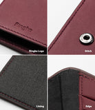 Galaxy S21 Case | Folio Signature+ - Four close-up views of burgundy leather texture, Ringke logo, metal snap, felt lining, and edges.