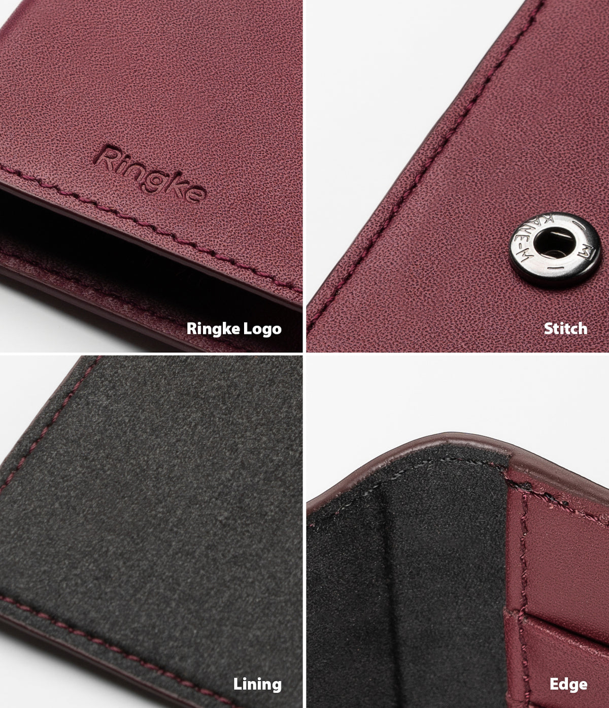 Galaxy S21 Plus Case | Folio Signature+ - Four close-up views of maroon leather texture, stitching, logo, and lining.