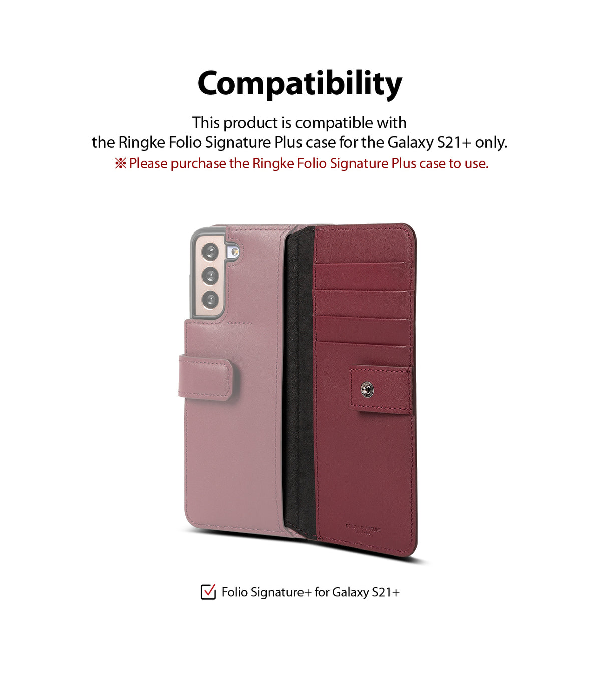 Galaxy S21 Case | Folio Signature+ - Open pink and maroon leather wallet case for Galaxy S21+ with card slots.