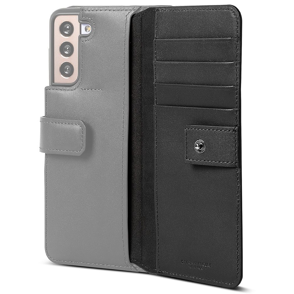 Galaxy S21 Plus Case | Folio Signature+ - Grey leather wallet case open to show black card slots and a magnetic clasp.