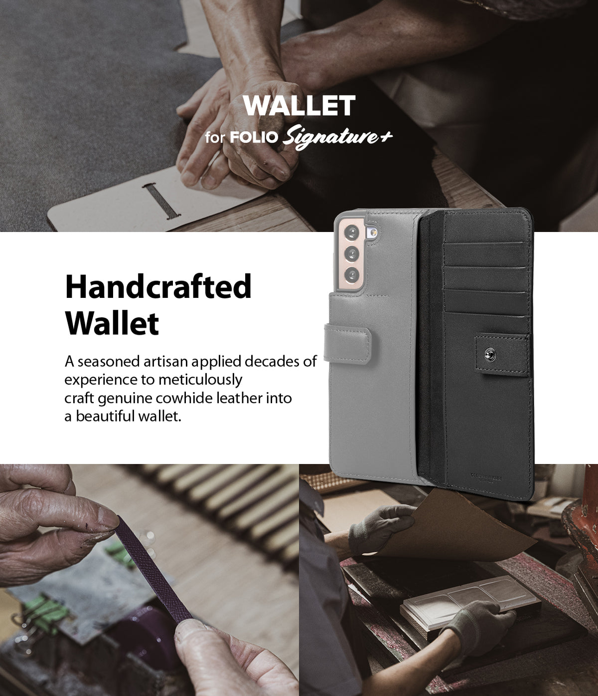 Galaxy S21 Case | Folio Signature+ - Open grey leather wallet case for Galaxy S21 with card slots, shown with artisan workshop.