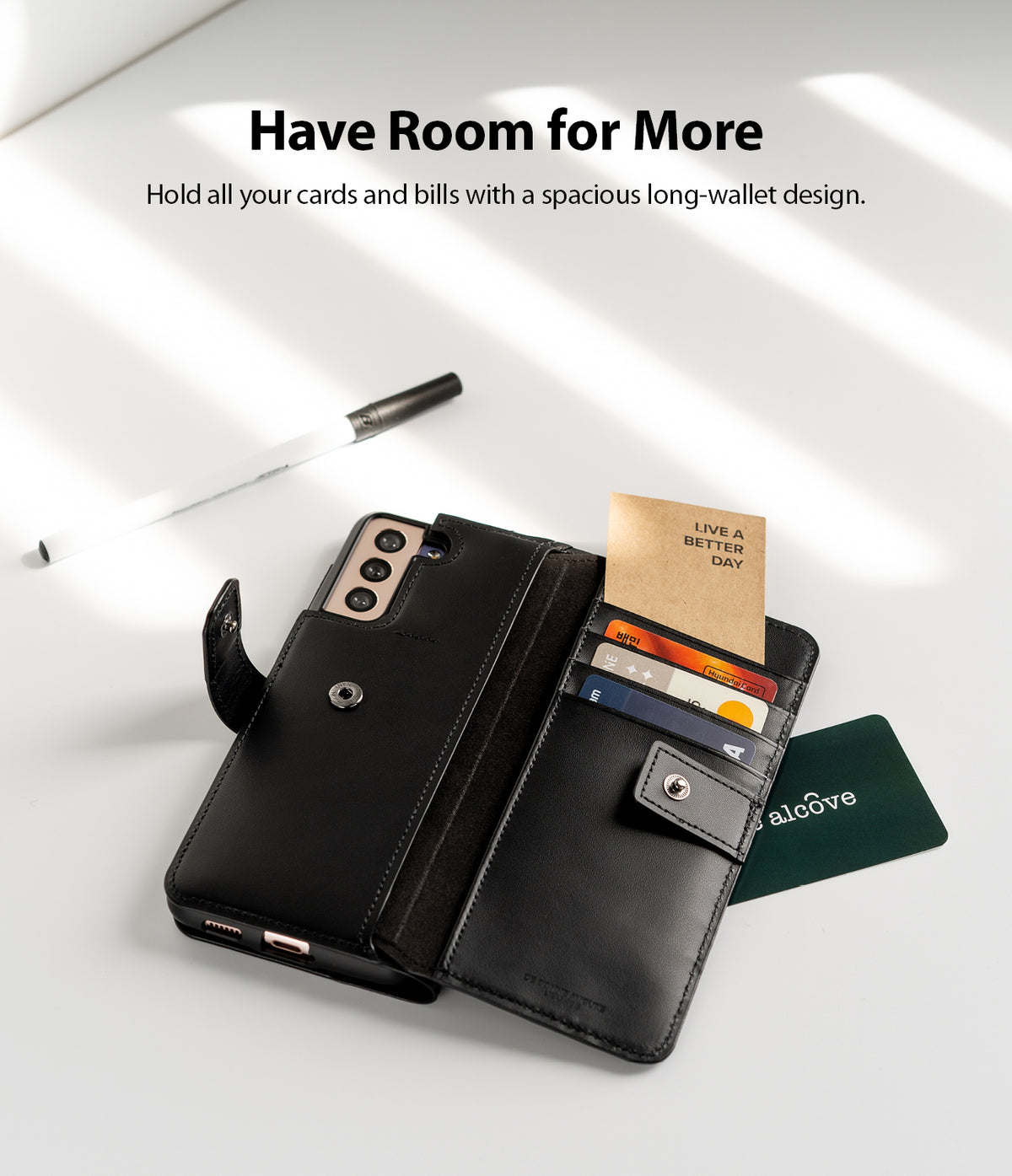 Galaxy S21 Case | Folio Signature+ - Open black leather wallet case for Galaxy S21 holding multiple cards and a note.