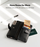 Galaxy S21 Plus Case | Folio Signature+ - Black leather folio phone case open with card slots, bills, and a pen.