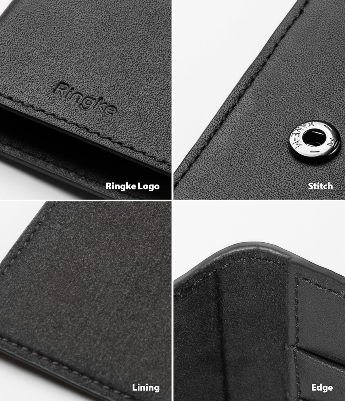 Galaxy S21 Plus Case | Folio Signature+ - Four close-up views of black leather case details: logo, metal snap, lining, and edge.