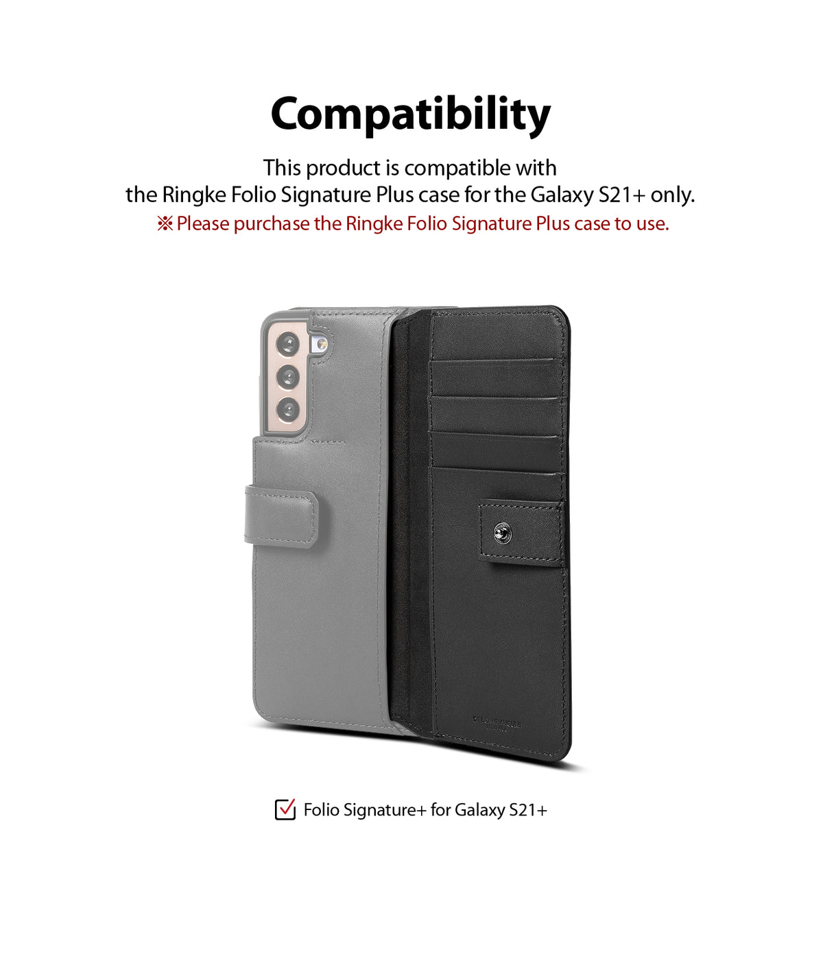 Galaxy S21 Case | Folio Signature+ - Open grey folio case for Galaxy S21+ showing interior card slots and camera cutout.