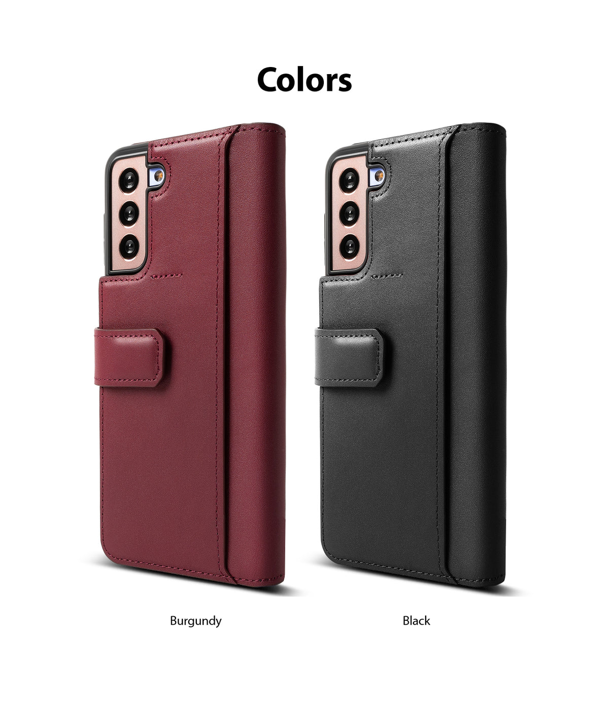 Galaxy S21 Case | Folio Signature+ - Burgundy and black leather folio cases for Galaxy S21 shown side by side.